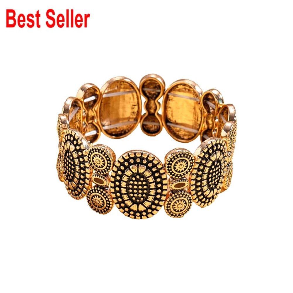 Vintage Round Engraved Charm Bracelet, Elastic Stretch, Adjustable Bangle